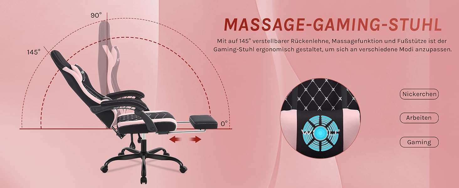 Ігровий крісло WOLTU з масажем, комп'ютерне ергономічне крісло з кишеньковим пружинним сидінням, підтримкою попереку, подушкою для голови, підставкою для ніг, поворотне, 150 кг, рожево-біле (чорно-рожеве, сітчаста тканина)