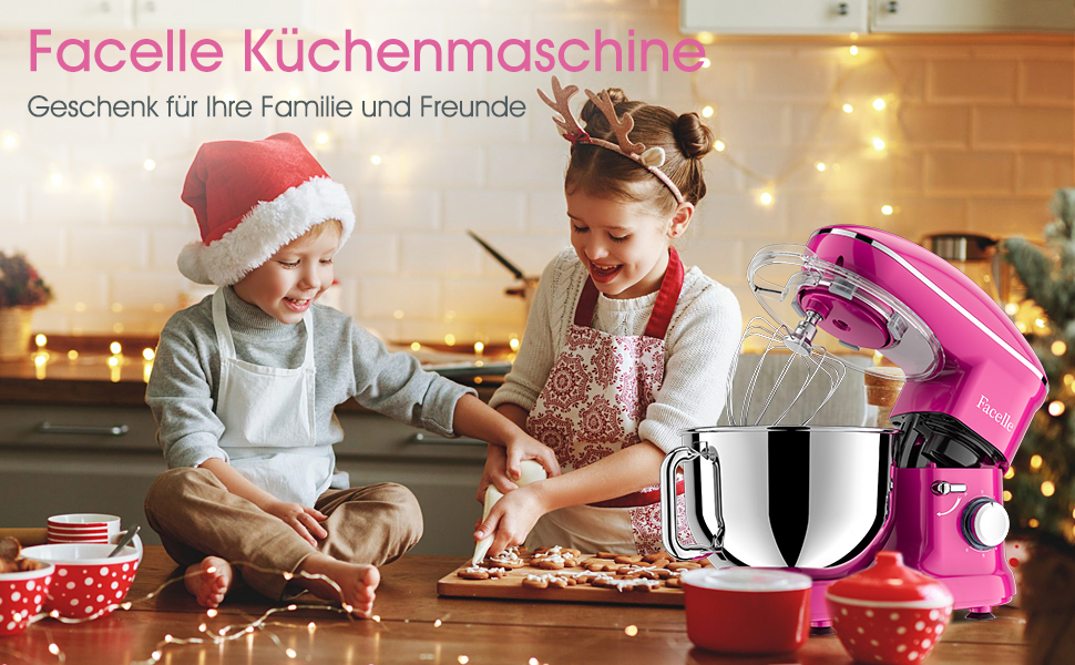 Кухонна машина Facelle 1500W з нержавіючою чашею 6.2 л, 6 швидкостей, комплектом насадок (міксер, гак для тіста, вінчик, сплеск-захист), фіолетовий колір