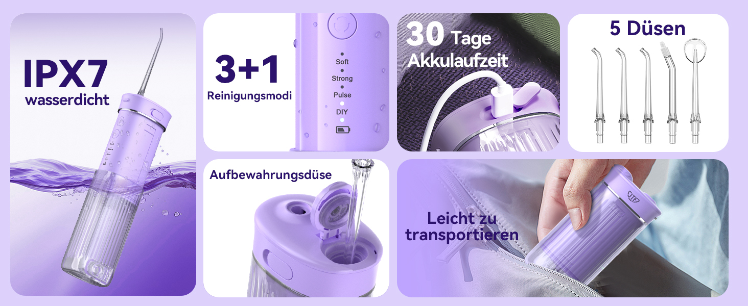 Портативний електричний іригатор для зубів JTF Munddusche Mini - бездротовий, 5 насадок, 4 режими, 230 мл, водонепроникний (фіолетовий)