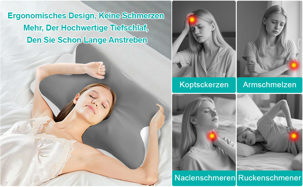 Ортопедична подушка з піни Memory Foam для шиї та голови 63x42.5x13.8/9 см, ергономічна для сну на боці, спині та животі