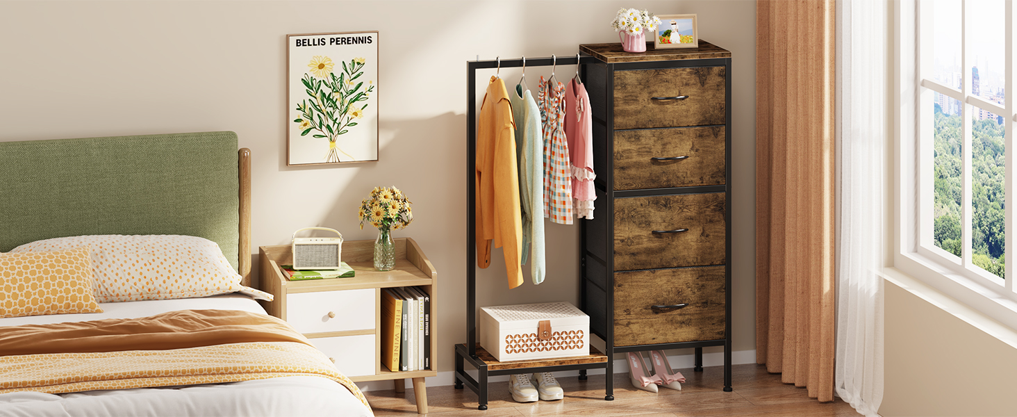 Комод 111 см з 4 висувними ящиками з тканини, з вішалкою, для спальні, вітальні, передпокою, дерев'яний, подарунок