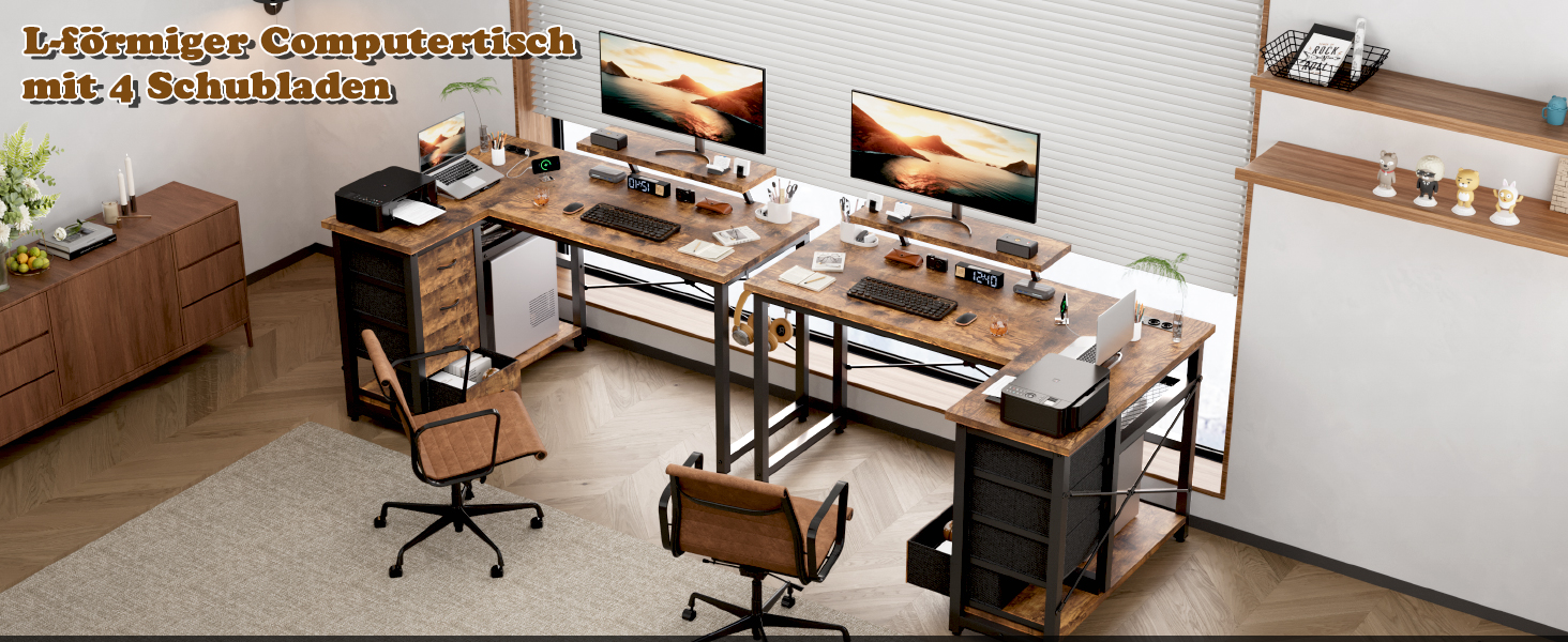 Кутовий стіл Devoko з 4 висувними ящиками з тканини, 2 розетками та 2 USB-портами, для дому та офісу, ігор, білий, 140x80 см