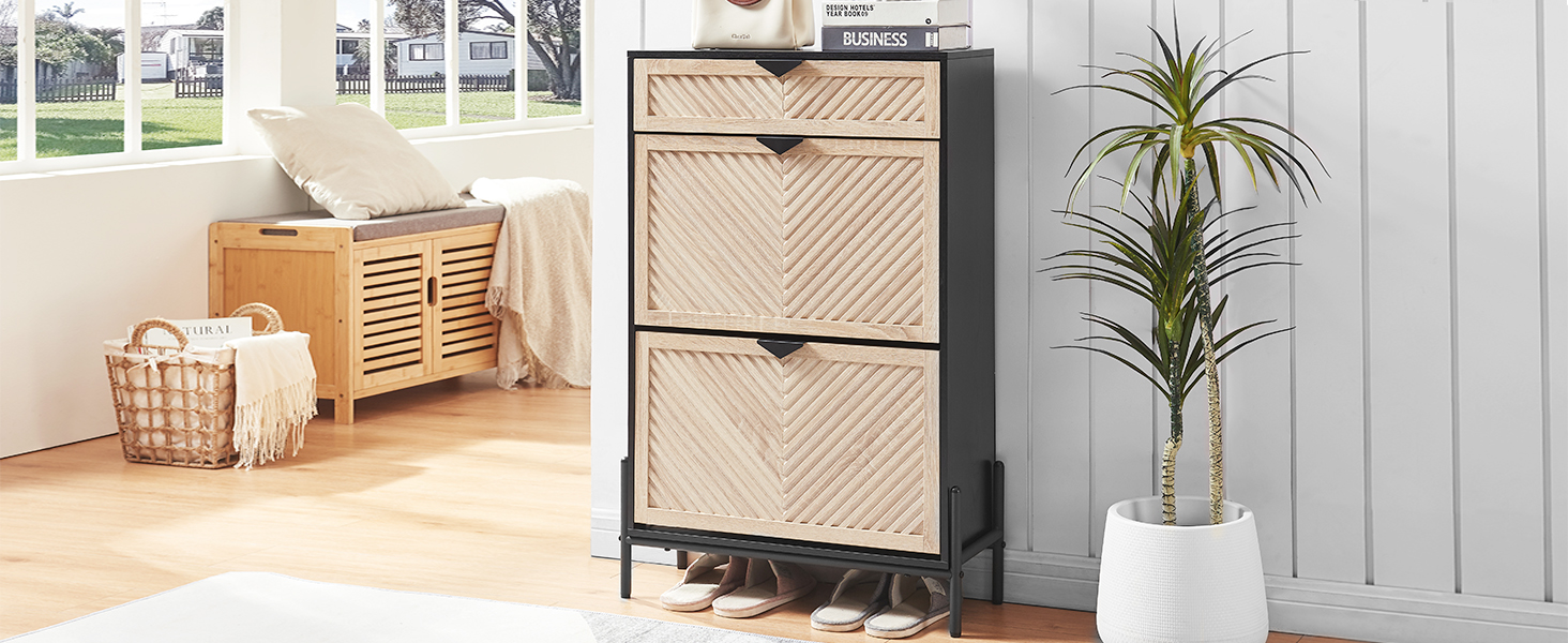 Вузька шафа для взуття з 2 дверцятами, економна, закрита полиця для взуття, шафа для взуття, полиця для взуття з ящиками для передпокою та вітальні (Дуб & Чорний) Дуб & Чорний Середній