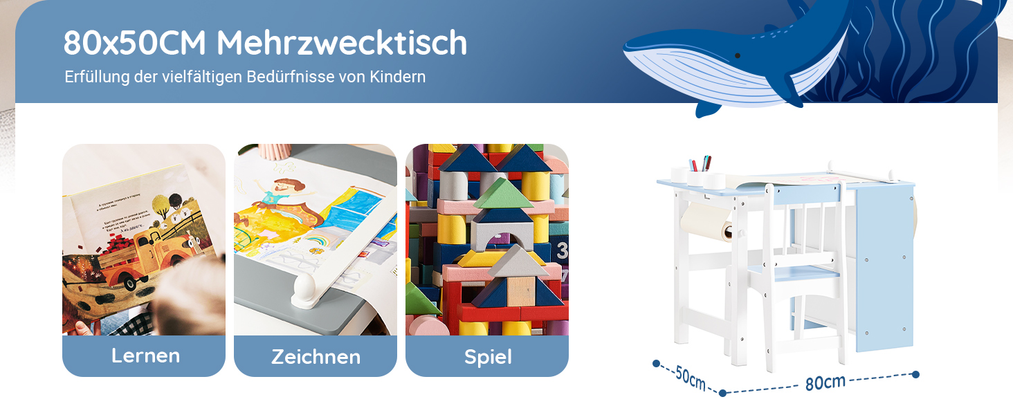 Дитячий стіл SoBuy з табуретом, комплект меблів для дитячої кімнати, ігровий та мальовий стіл для дітей, блакитний, 80x66x50 см, KMB60-B