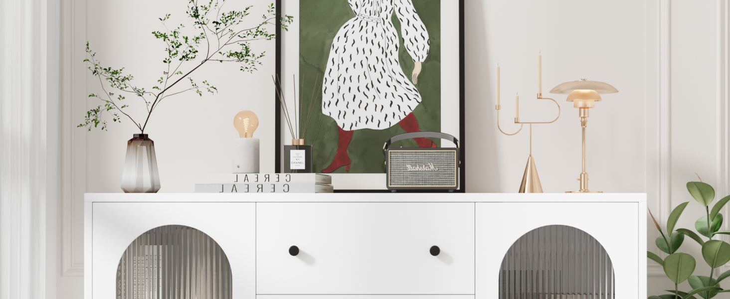 Буфет-шафа FirFurd 120 см білий з робочою поверхнею, 2 скляні дверцята та 3 висувні ящики для кухні, вітальні, їдальні. Розміри: 120x38x80 см