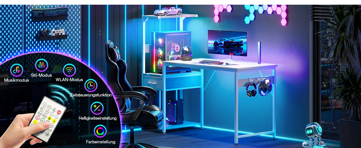 Ігровий стіл Coleshome з LED-підсвічуванням 120x48 см, з шухлядами та полицею, обертовий, з тримачем для навушників, карбонове волокно