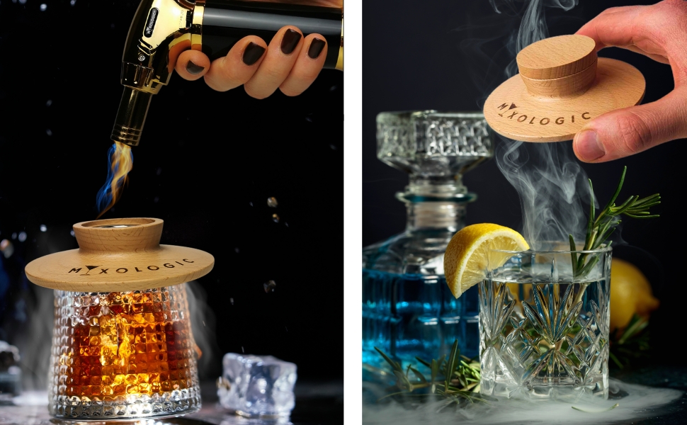 Комплект для копчення коктейлів MIXOLOGIC: набір для віскі, 6 дерев'яних чіпсів, камені для віскі та аксесуари для Old Fashioned
