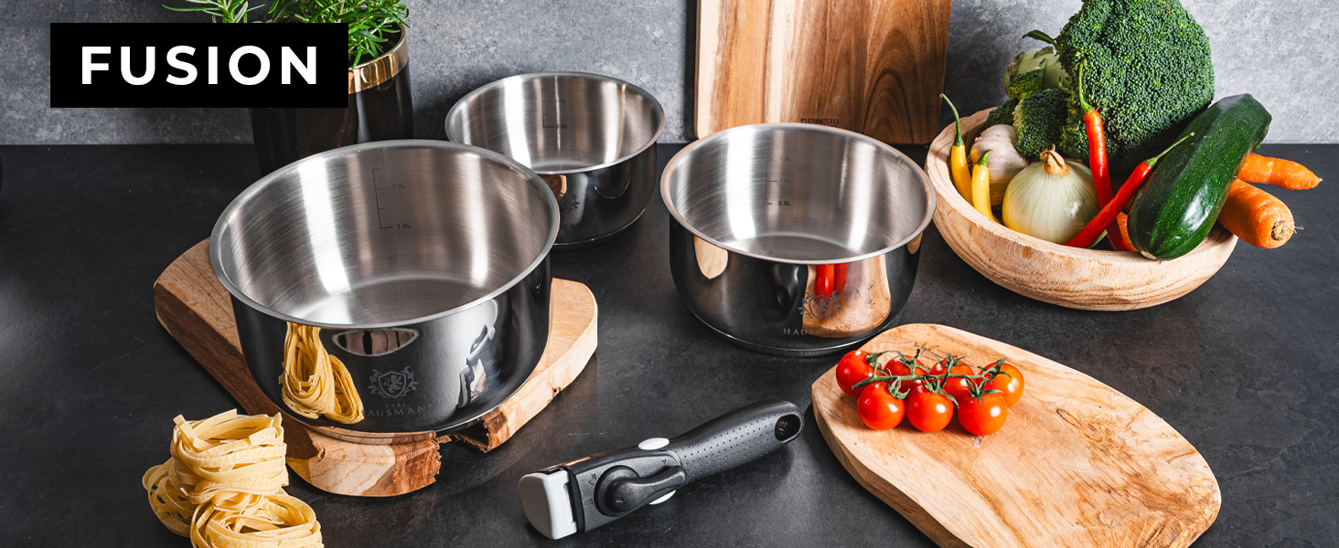 Набір каструль з знімними ручками (3 шт.) - нержавіюча сталь з покриттям - для всіх типів плит