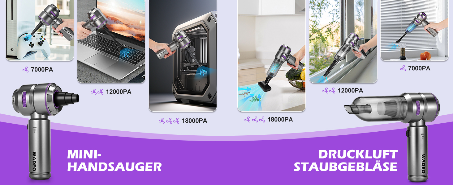 Акумуляторний ручний пилосос WADEO 3 в 1 для авто та дому, 18000Па, 3 швидкості, потужний обдув, 7500 мАг