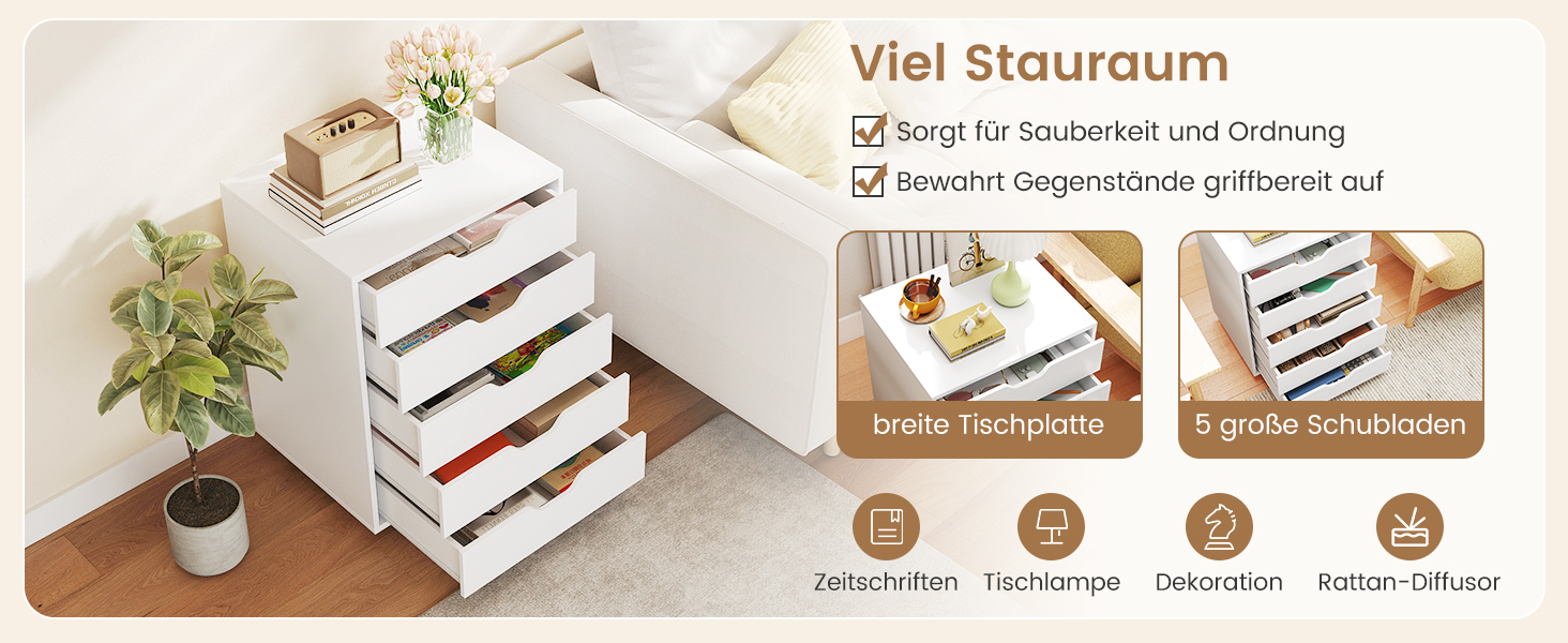 Роликовий контейнер GIANTEX з 5 шухлядами, офісний шафчик на колесах, тумбочка під стіл з дерева, друкарський столик для дому та офісу (білий, 49 x 40 x 65 см)