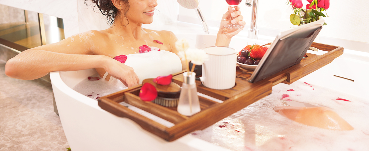 Підставка для ванни VaeFae з текового дерева, регульована, з тримачем для напоїв та книг, висувна, з безкоштовною тековою щіткою для тіла