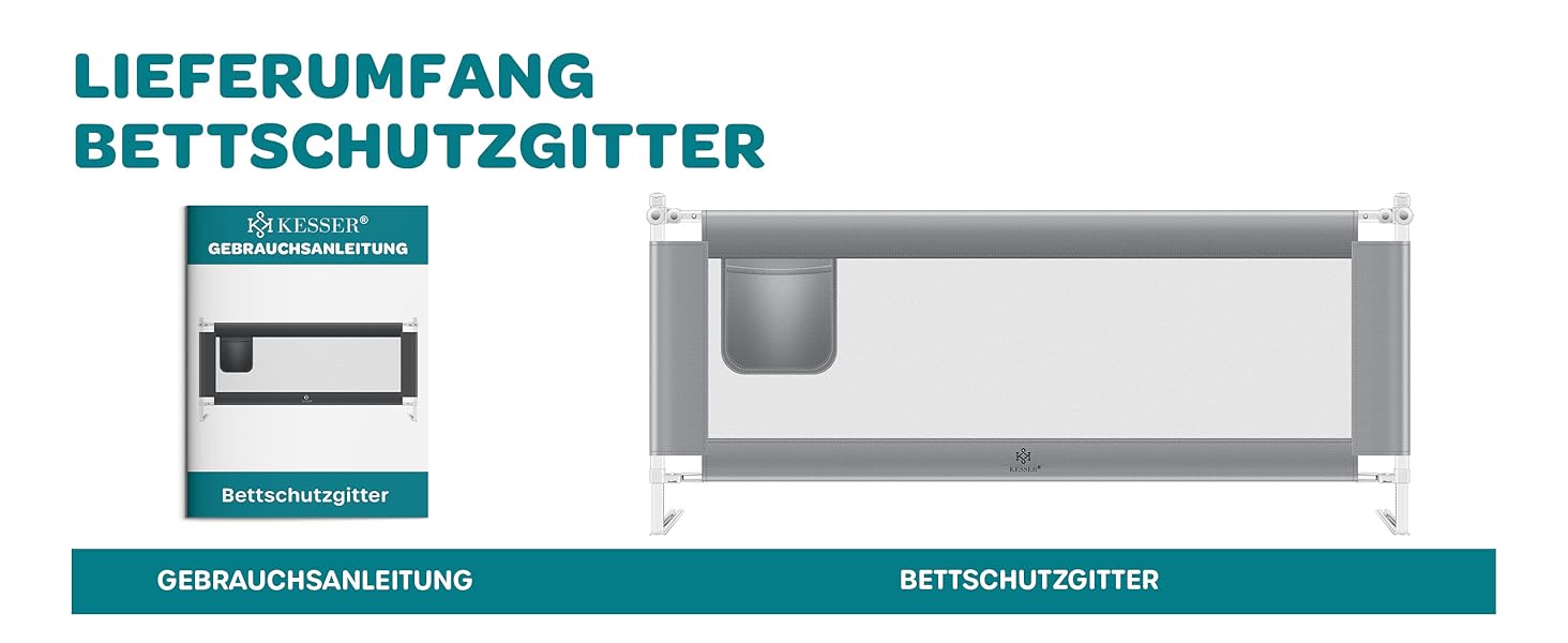 Захисний бортик для ліжка KESSER 200 см, сірий. Бортик для дитячого ліжка, захист від випадання, складаний та регульований по висоті, сітка Mesh, з кишенею