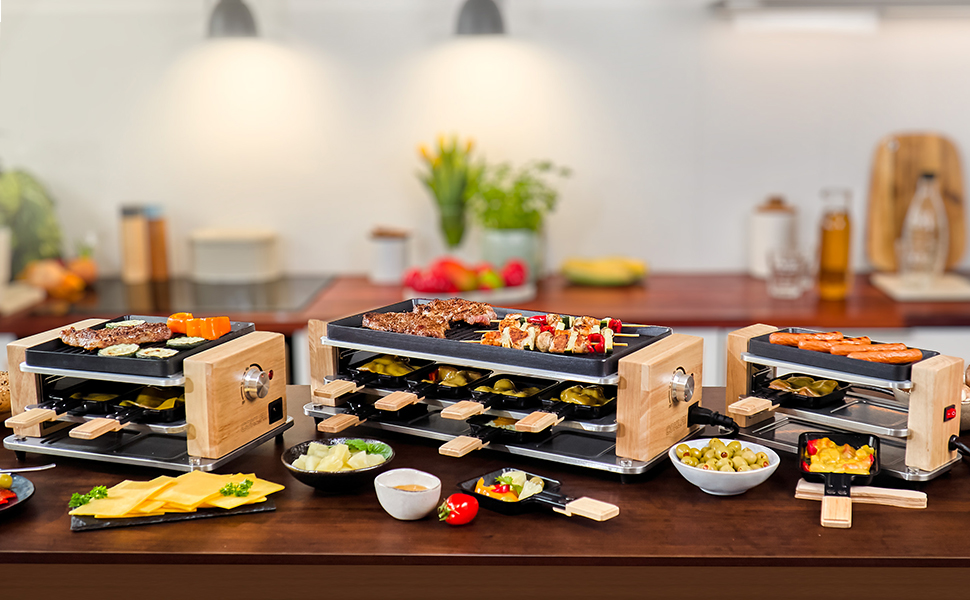 Раглеті гриль COKLAI на 8 осіб з антипригарним покриттям, для вечірок, з регулюванням температури, 8 сковородок та дерев'яними шпателями