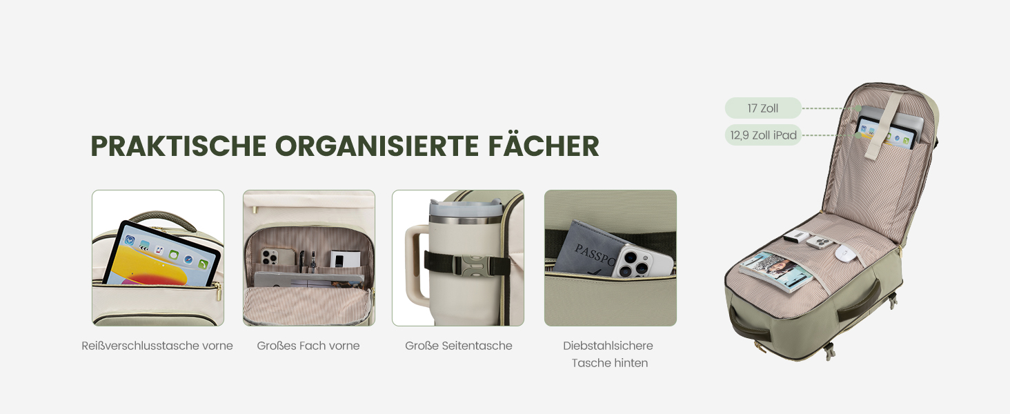 LOVEVOOK Рюкзак ручної поклажі, 40L, для подорожей, дамський, водонепроникний, для ноутбука 17 дюймів, кофр-рюкзак, для роботи, ділових поїздок, Weekender, оливково-зелений, світло-бежевий, оливково-зелений