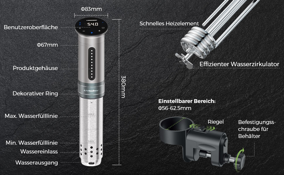 KitchenBoss Sous Vide Stick Garer: Прецизійний нагрівач 1100W з Wi-Fi, керування через додаток, вологозахист IPX7, LED дисплей, тихий циркулятор для приготування су-від