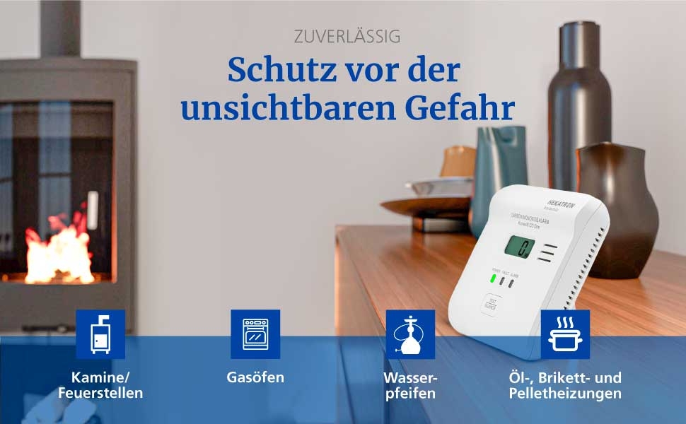 Датчик CO Hekatron KonexXt CO One з батареєю на 10 років – детектор чадного газу з дисплеєм та кнопкою тестування, проста установка