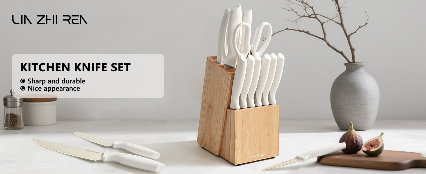 Набір ножів кухонних 15 предметів з точилкою, нержавіюча сталь, для нарізки, шинкування, нарізання кубиками, безпечний, (Білий)