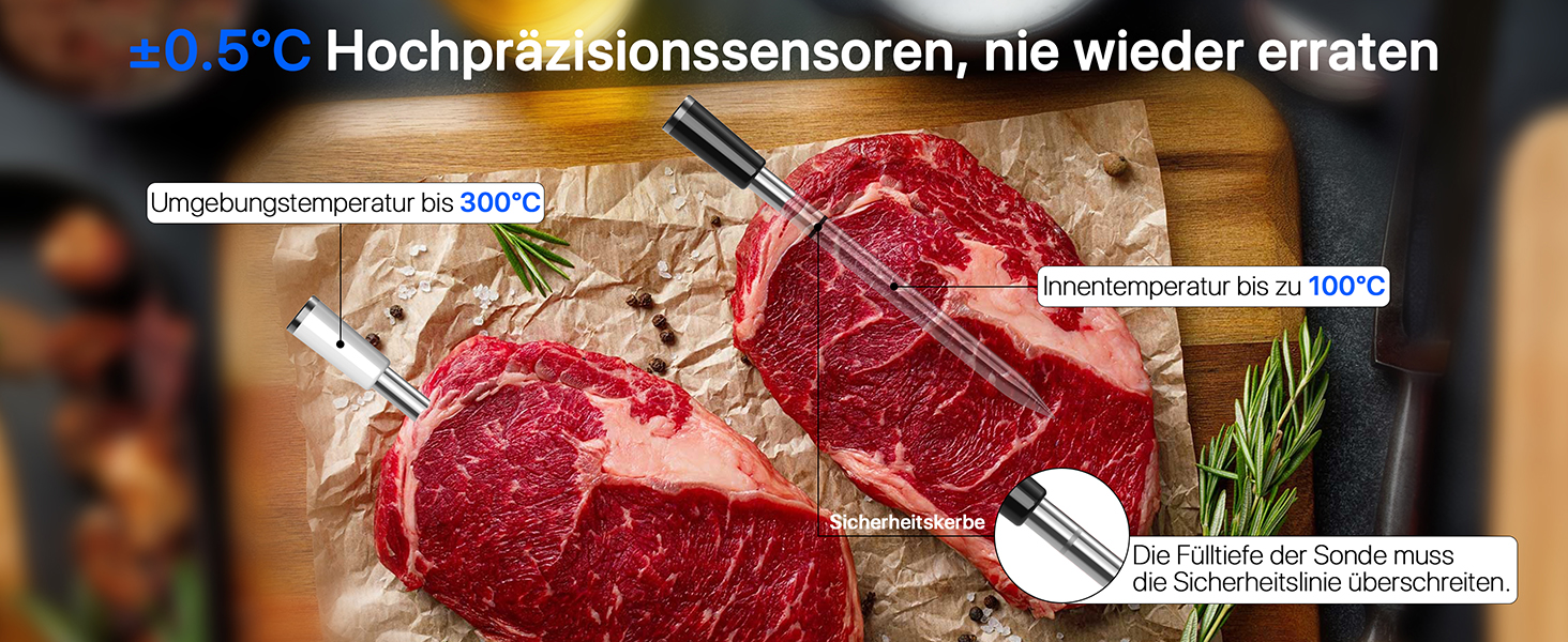 Бездротовий термометр для м'яса з Bluetooth та Wi-Fi, 2 зонди, 6 сенсорів, водонепроникний, точність ±0,1°C, для гриля, духовки, жарки – BF-80