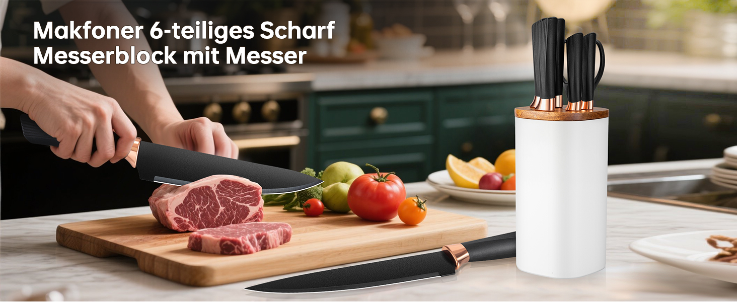 Набір ножів Makfoner 6 шт. з знімним бруском: кухонні ножі Сантоку, для хліба, кухонні, для чищення, універсальні, ножиці, з нержавіючої сталі, білий