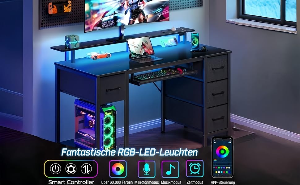 Ігровий стіл Seventable з LED, розетками та USB портами, чорний 120x47x88 см