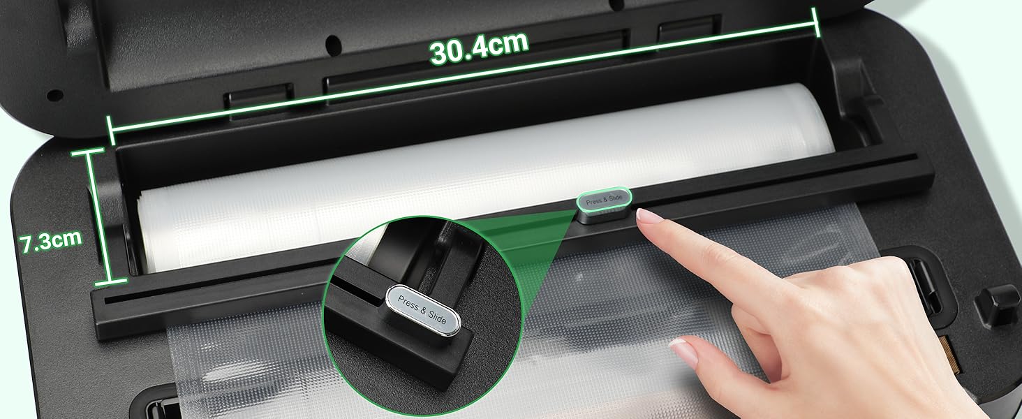 Вакууматор 10-в-1 для продуктів 95 кПа, вакуумний пакувальник з подвійною термозаваркою, вбудованим ножем та відсіком для пакетів, сталевий корпус, комплект з 2 рулонами