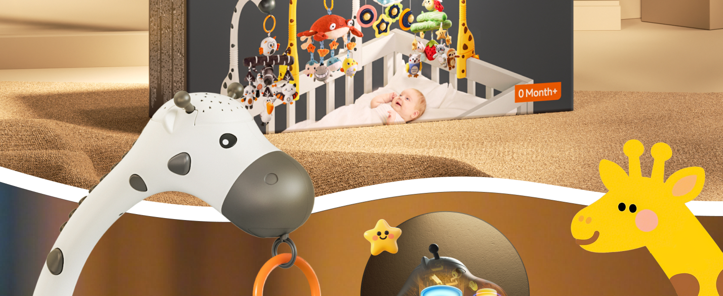 Мобіль для дитячого ліжечка TUMAMA для малюків 0-6 місяців з нічником, проєктором, музикою та білим шумом, чорно-біле іграшкове звірятко для підвішування