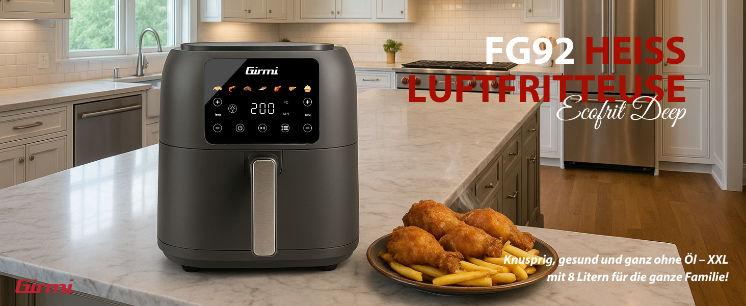 Аерофритюрниця Girmi FG92 Ecofrit Deep XXL 8л, 1700 Вт, цифрова панель керування, 7 програм, антипригарне покриття, матово-сіра