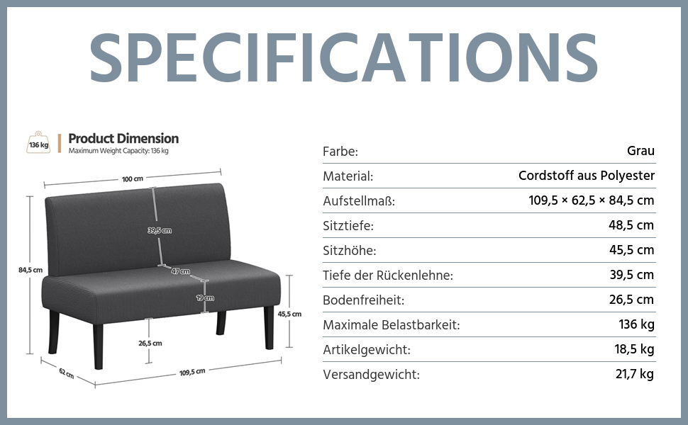 Диван-лавка Yaheetech для кухні, 2 місця, без підлокітників, зелений (сірий), для вітальні/коридору/офісу