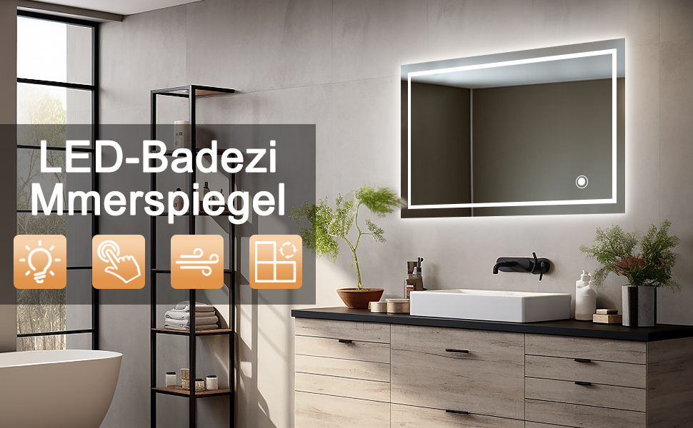 Дзеркало для ванної кімнати зі світлодіодним підсвічуванням 50x70 см, з сенсорним вимикачем, срібне