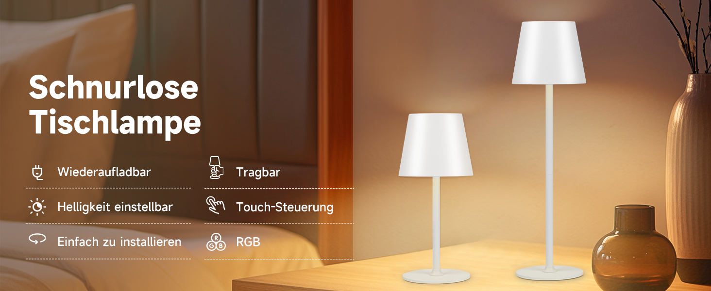 Дві бездротові LED-лампа настільні, перезаряджувані, 3000K та RGB, USB-C, 5500mAh, вологостійкі (Білий, 2 шт.)