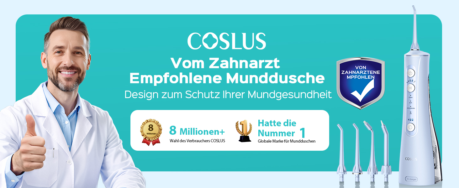 COSLUS Душова насадка електрична бездротова, Testsieger 2026: 20 рівнів тиску води, IPX7 водонепроникність, точна технологія Anti-Splash, 4 режими для здоров'я ротової порожнини, для щоденного використання та подорожей, 5 інтенсивностей (блакитний)