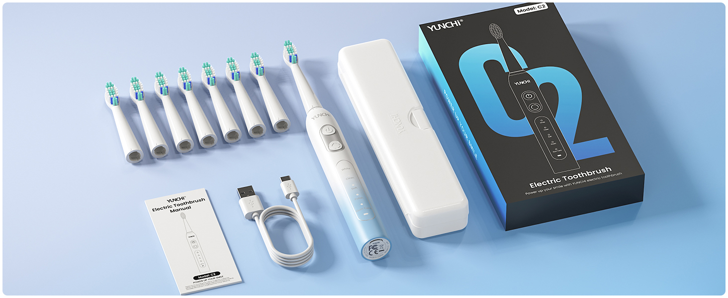 Електрична зубна щітка YUNCHI - звукова, для дорослих та дітей, 40000 VPM, USB-C, 5 режимів, 8 насадок + чохол, блакитна