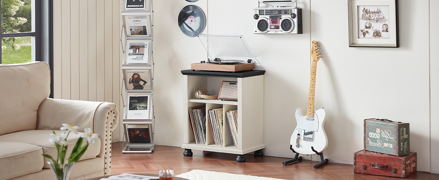 Стійка для програвача LELELINKY: полиця для 200 платівок, дерев'яний стіл для вітальні, спальні, офісу, білий