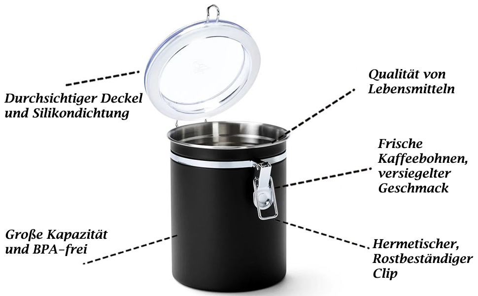 Герметична контейнер для кави та продуктів, набір 2 шт, 1.8L, нержавіюча сталь, чорний