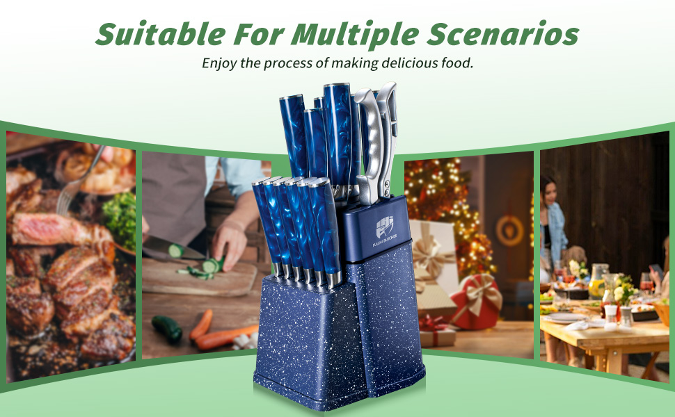 Набір кухонних ножів Fullhi 14 предметів з бруском, набір кухонних ножів, ножі для стейку, кольорова ручка, подарунок для чоловіків та жінок (блакита смола, 14 шт.)