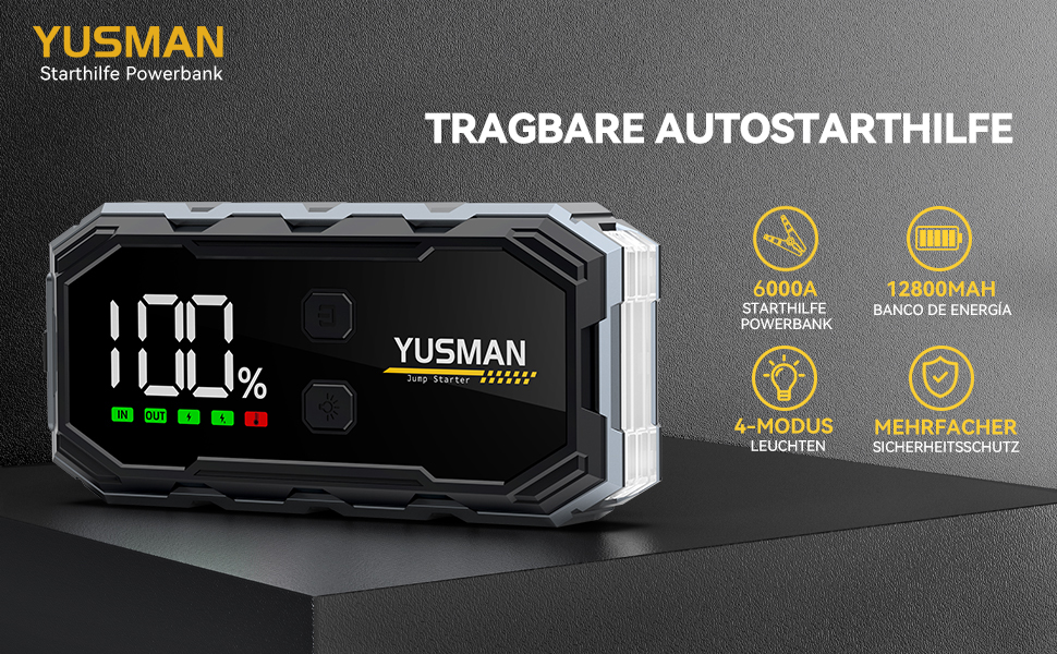 Powerbank для автомобіля Starthilfe: 6000A, 12V, бустер для акумулятора, LCD-дисплей, 4 режими LED-підсвічування. Підходить для бензинових (8L) та дизельних (6L) авто, SUV, мотоциклів, газонокосарок.
