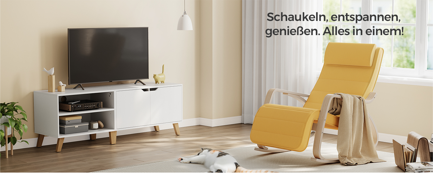 Крісло-гойдалка SONGMICS з підлокітниками з натурального дерева, регульована підставка для ніг, до 150 кг, для спальні/вітальні, темно-натуральний колір, бавовна/поліестер