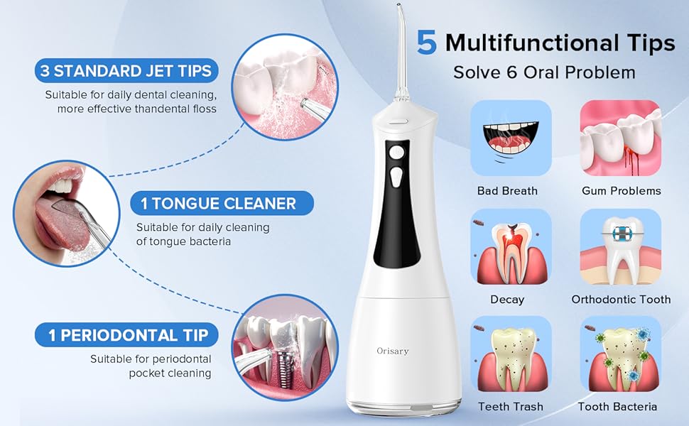 Електричний ірigator Munddusche з 5 режимами та 5 насадками, 300 мл резервуар, перезаряджуваний, для догляду за зубами, водонепроникний (IPX7)