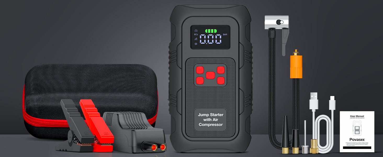 Бустер для авто Povasee Starthilfe Powerbank 5000A: пусковий пристрій для бензинових та дизельних двигунів (до 10л), 12V, з LCD-дисплеєм, 2 USB-портами та LED-ліхтарем, чорний