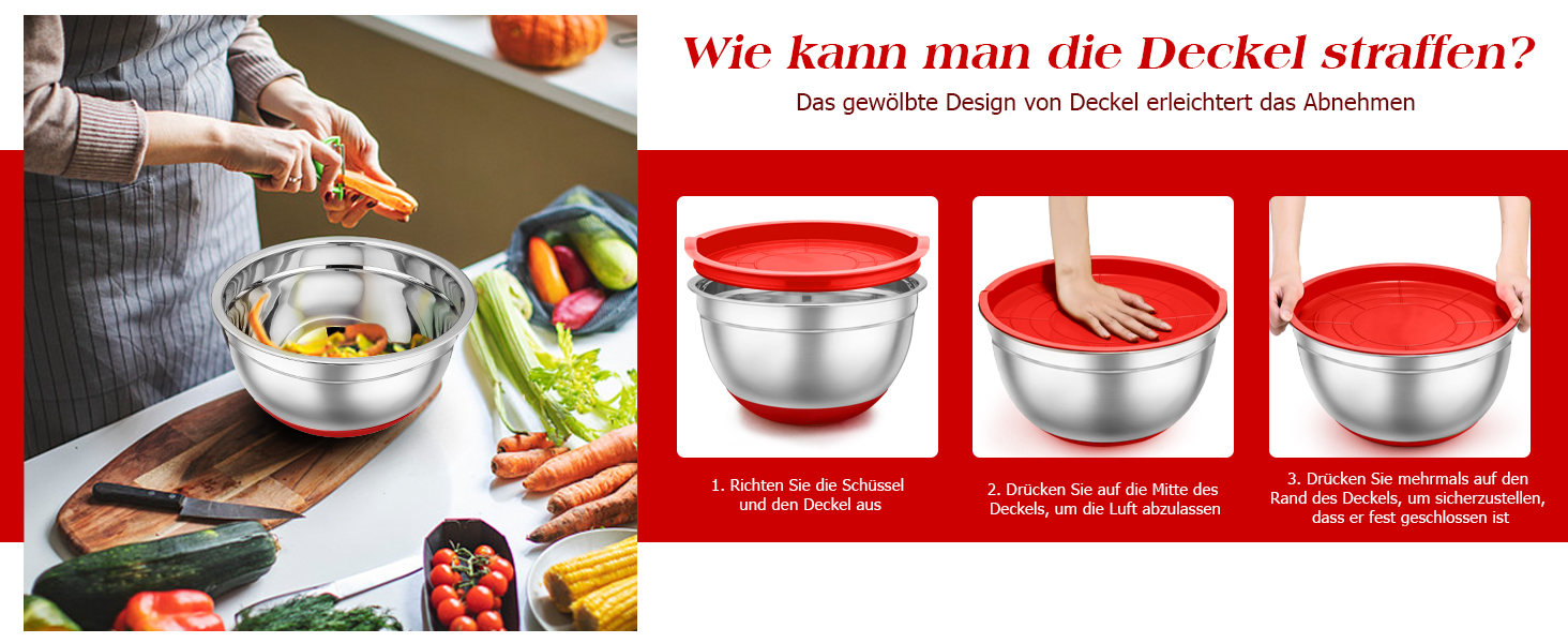 Набір мисок TEAMFAR з нержавіючої сталі: салати, зберігання, приготування їжі. Об'єм: 0.7-6.5 л, з кришкою та силіконовим дном.