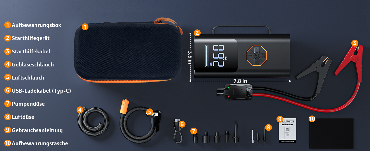 Пусковий пристрій для авто (бустер) 9 в 1 з компресором 150PSI, Powerbank 5500A, LCD-дисплеєм та ліхтариком для 12V бензинових та дизельних двигунів