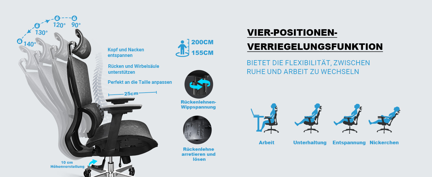 Ергономічне крісло для офісу, 4D підлокітники, регульована глибина сидіння, 4-рівневий нахил, гумові колеса, сітчаста сидіння, висока спинка, для великих людей, Homeoffice & Gaming, чорне ергономічне крісло з сітчастою подушкою сидіння