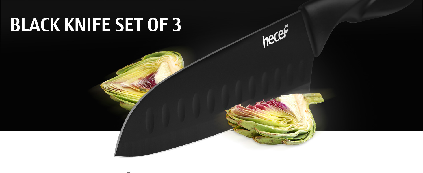 Набір кухонних ножів Hecef 15 предметів з бруском, чорний колір, антипригарне покриття, можна мити в посудомийній машині, самозаточуваний брусок, ергономічні ручки, набір ножів для кухні для початківців та кулінарів-ентузіастів (3 шт)