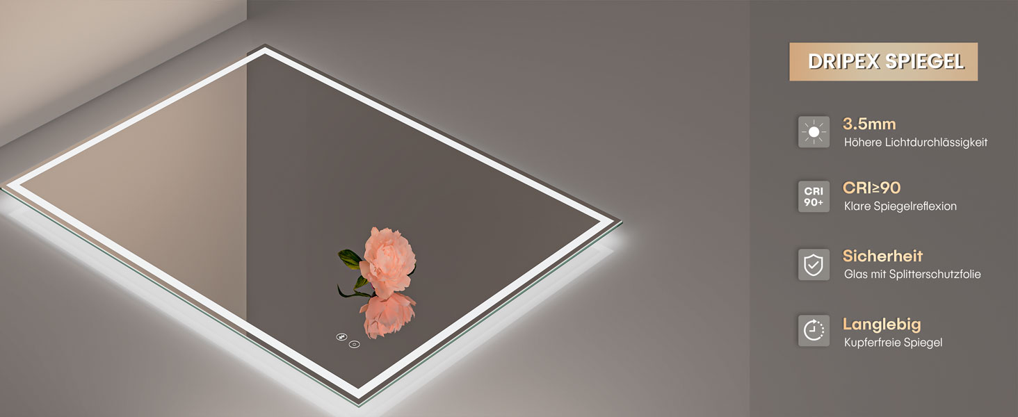 Дзеркало для ванної кімнати Dripex з LED-підсвічуванням 50x70 см (60x80 см) з Bluetooth, розеткою та протитуманним покриттям