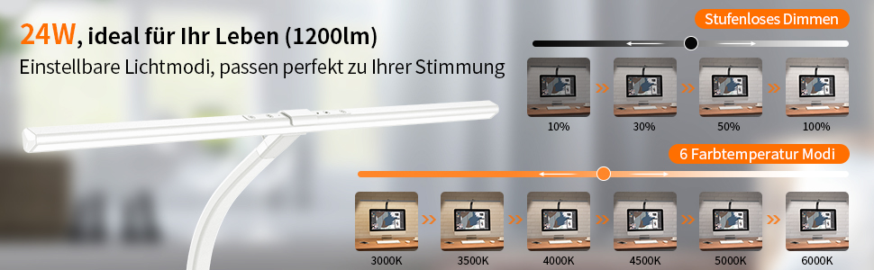 Світлодіодна настільна лампа 24 Вт, 80 см, з можливістю затемнення, затискна, регульована колірна температура, легко для очей, білий