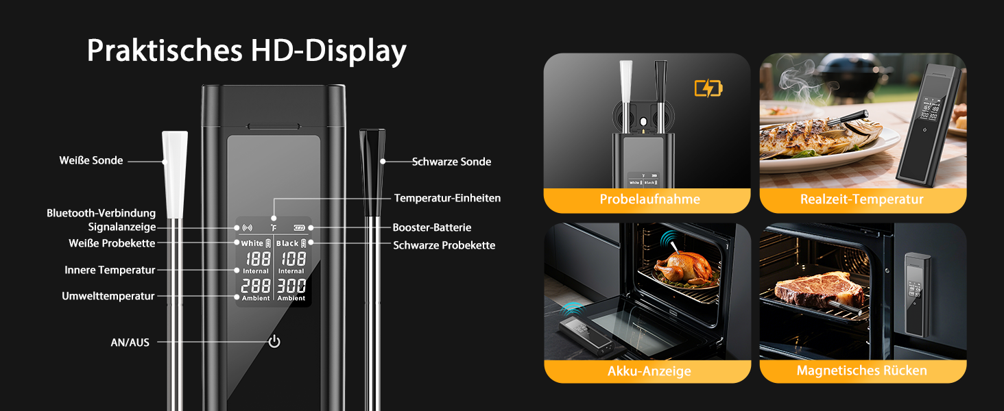 Бездротовий термометр для м'яса BlueSwan Grillthermometer з LCD дисплеєм (2 шт.), водонепроникні зонди IP67, 48 годин роботи від акумулятора, магнітна коробка, Bluetooth 150м, додаток з 9 режимами приготування, термометр для BBQ, духовки, гриля, кухні