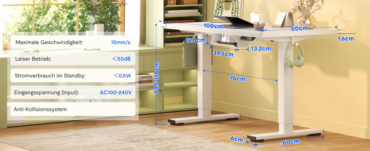 Регульований по висоті офісний стіл FlexiSpot Basic 100x60 см, білий - з кабель-менеджментом, гачком, цілісна стільниця, для дому та офісу
