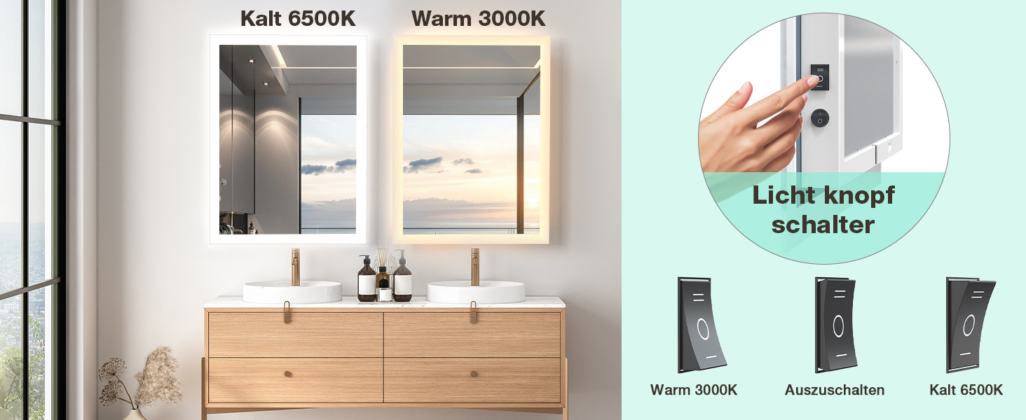 Дзеркало для ванної кімнати GIMBELEN з підсвічуванням LED, антизапар, 2 кольори світла (3000K/6500K), функція пам'яті, прямокутна форма, 50 x 70 см