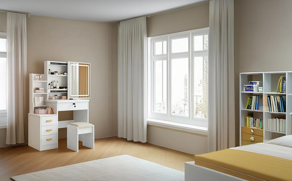 Трюмо YuYe з LED-підсвічуванням, регульованою яскравістю, дзеркалом, пуфом, 5 шухлядами та 3 полицями, сучасний комод для макіяжу з дерева, білий (125)