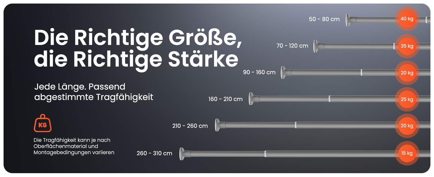 Телескопічна штанга для кріплення 260-310 см, Ø 25 мм, багатофункціональна штанга без свердління. Підходить для карнизів, штор, душових завіс, ванних кімнат та балконів (70-120 см, сіра)